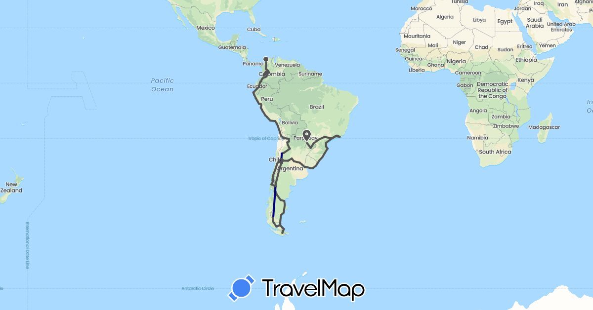 TravelMap itinerary: driving, motorbike in Argentina, Brazil, Chile, Colombia, Ecuador, Peru, Paraguay, Uruguay (South America)